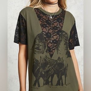 Forever 21 F21 Lace Panel Wolf Print Oversized Tee T-Shirt Dress